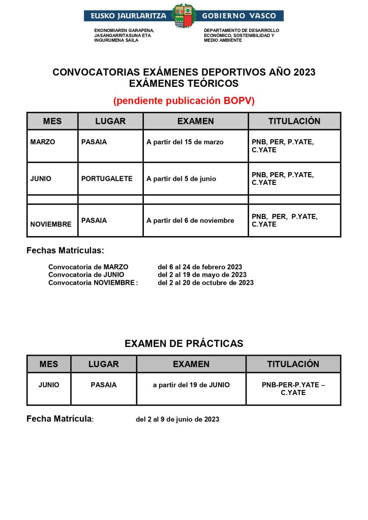 CONVOCATORIA 2023 exámenes de PER